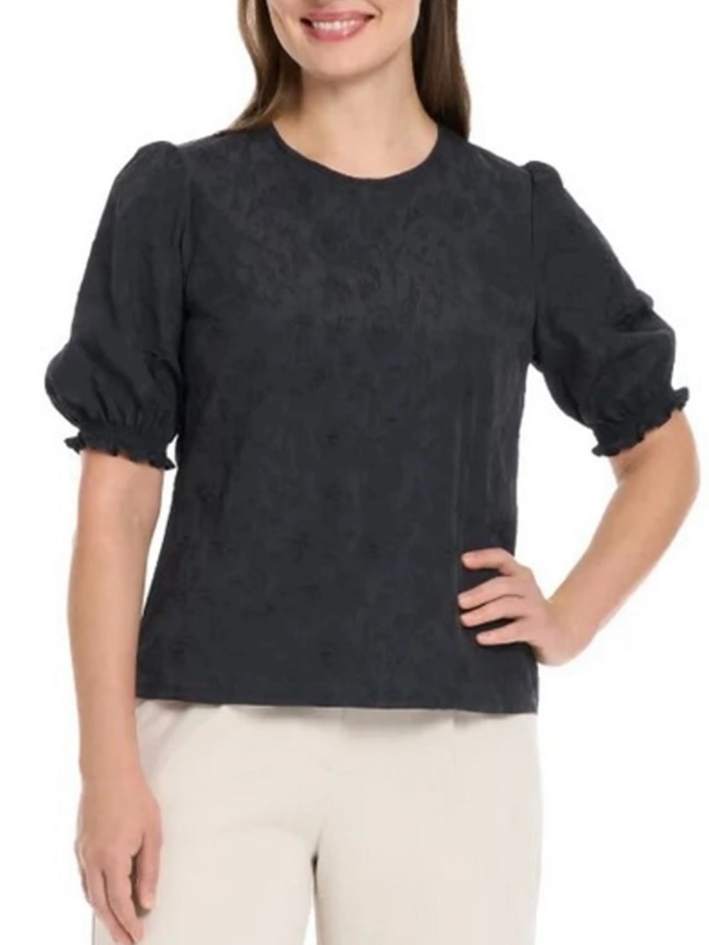 Ted Baker Black Textured Short Puff Sleeve Boxy Blouse Top